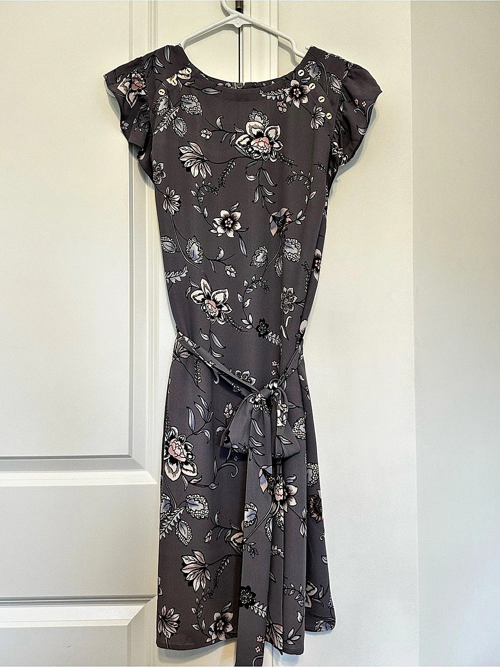 LOFT Floral Midi Dress in Gray/Purple/Pink - size small